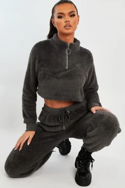 Rebellious Fashion Grey Cropped Zip Front Teddy Jumper - Brady