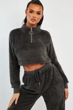 Rebellious Fashion Grey Cropped Zip Front Teddy Jumper - Brady