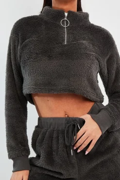 Rebellious Fashion Grey Cropped Zip Front Teddy Jumper - Brady