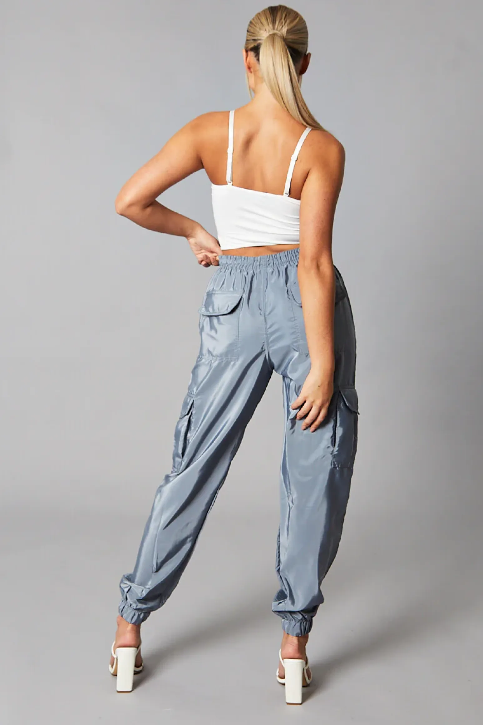 Rebellious Fashion Grey Cuffed Hem Shell Cargo Joggers - Iris