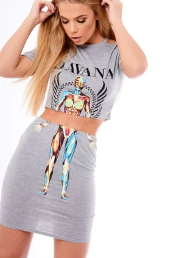 Rebellious Fashion Grey Cut Out Shoulder 'Havana' Graphic Co-ord - Olah