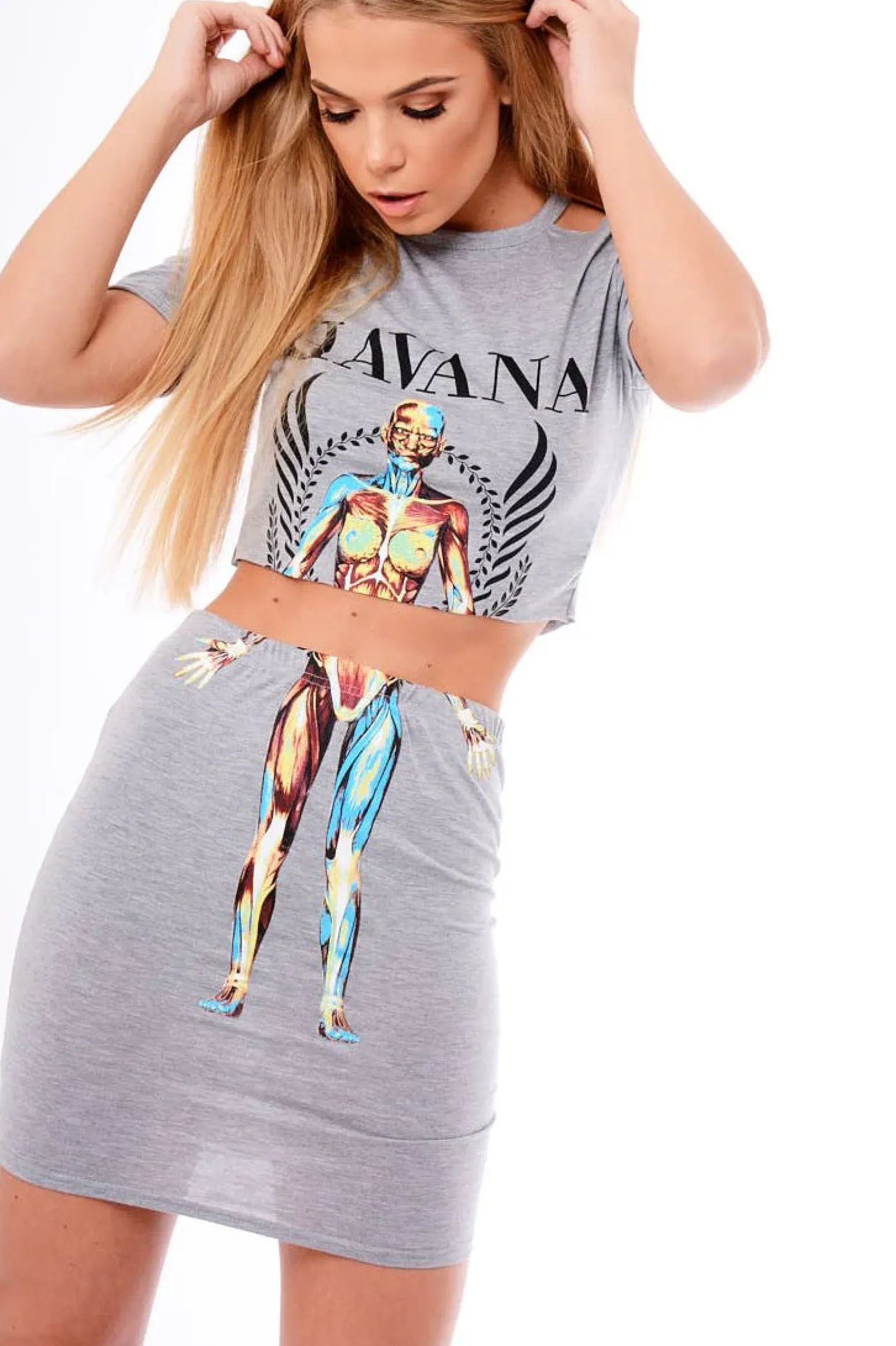 Rebellious Fashion Grey Cut Out Shoulder 'Havana' Graphic Co-ord - Olah