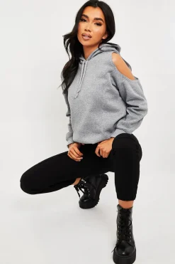 Rebellious Fashion Grey Cut Out Shoulder Hoodie - Harlow