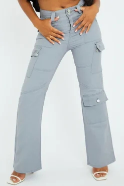 Rebellious Fashion Grey Denim Cargo Trousers - Aileen