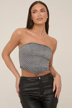 Rebellious Fashion Grey Denim Diamante Embellished Corset Top - Flora