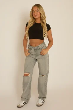 Rebellious Fashion Grey Denim Distressed Knee Extra Long Jeans - Ivelisse