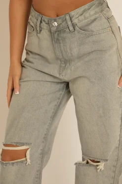 Rebellious Fashion Grey Denim Distressed Knee Extra Long Jeans - Ivelisse