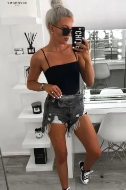 Rebellious Fashion Grey Denim Extreme Rip Front Shorts - Aarya