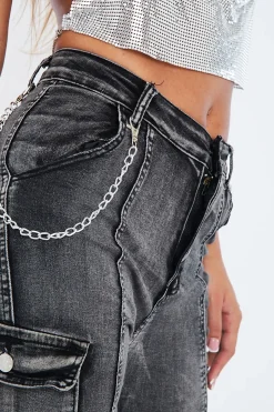 Rebellious Fashion Grey Denim Look Chain Detail Stretch Cargo Trousers - Nellie