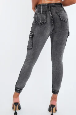Rebellious Fashion Grey Denim Look Chain Detail Stretch Cargo Trousers - Nellie