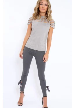 Rebellious Fashion Grey Denim Side Bow Skinny Jeans - Emilia
