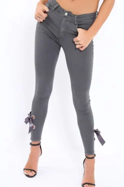 Rebellious Fashion Grey Denim Side Bow Skinny Jeans - Emilia
