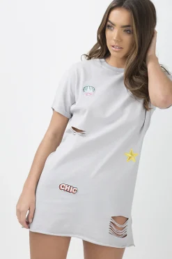 Rebellious Fashion Grey Distressed Badge Detail T Shirt Dress - Kalani