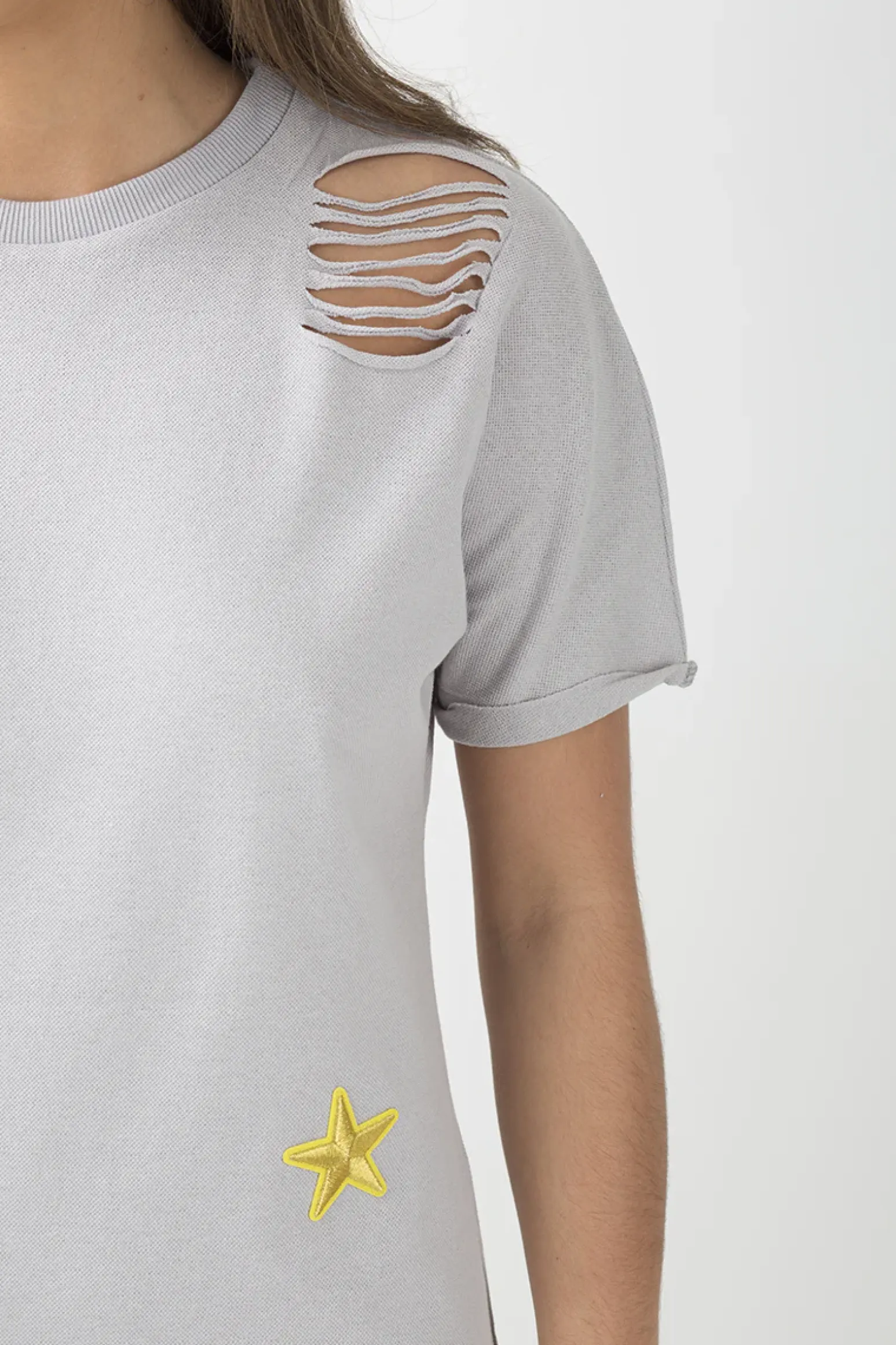 Rebellious Fashion Grey Distressed Badge Detail T Shirt Dress - Kalani