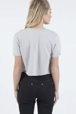 Rebellious Fashion Grey Distressed Badge Detail Crop Top - Toni