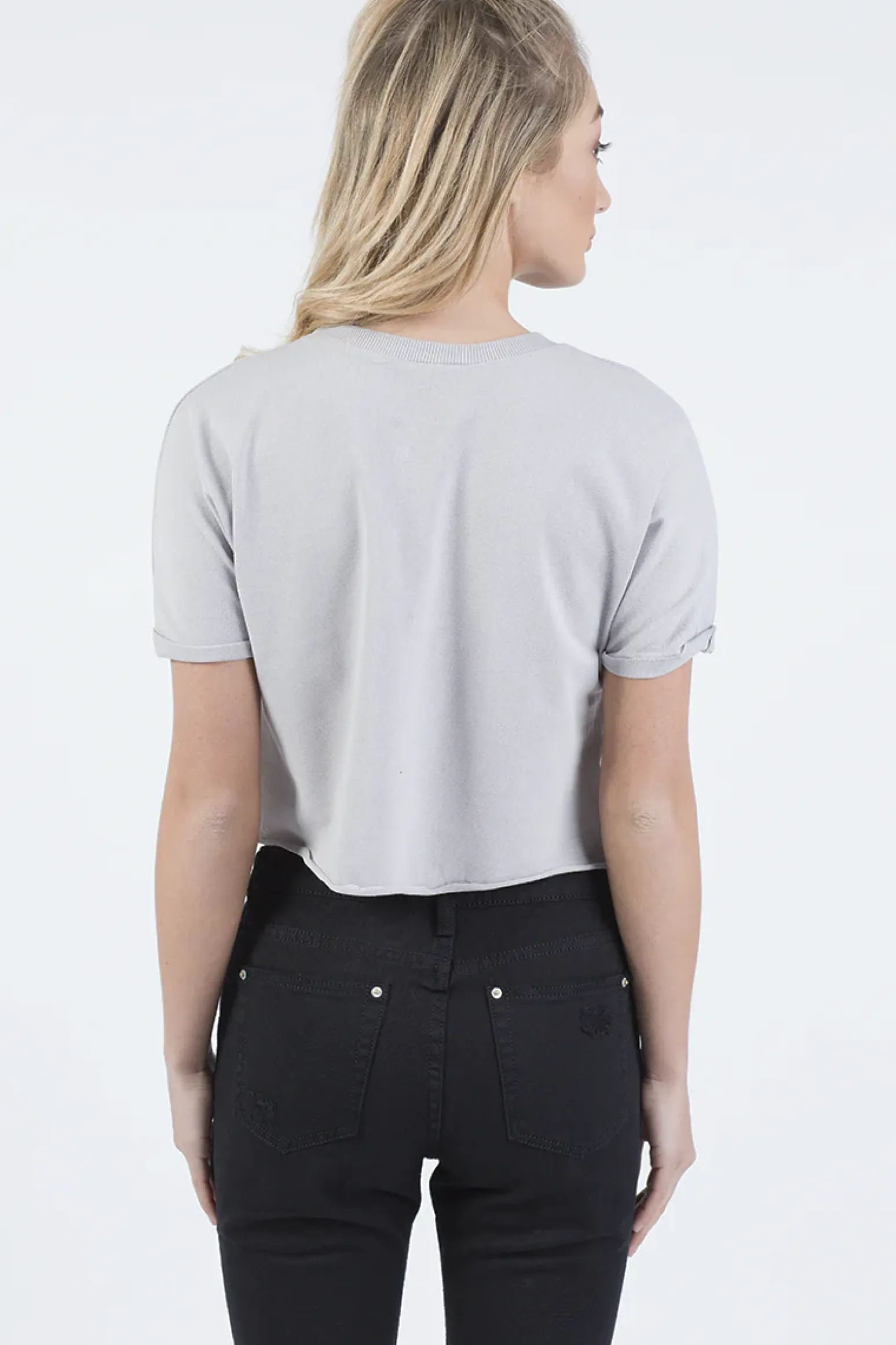 Rebellious Fashion Grey Distressed Badge Detail Crop Top - Toni