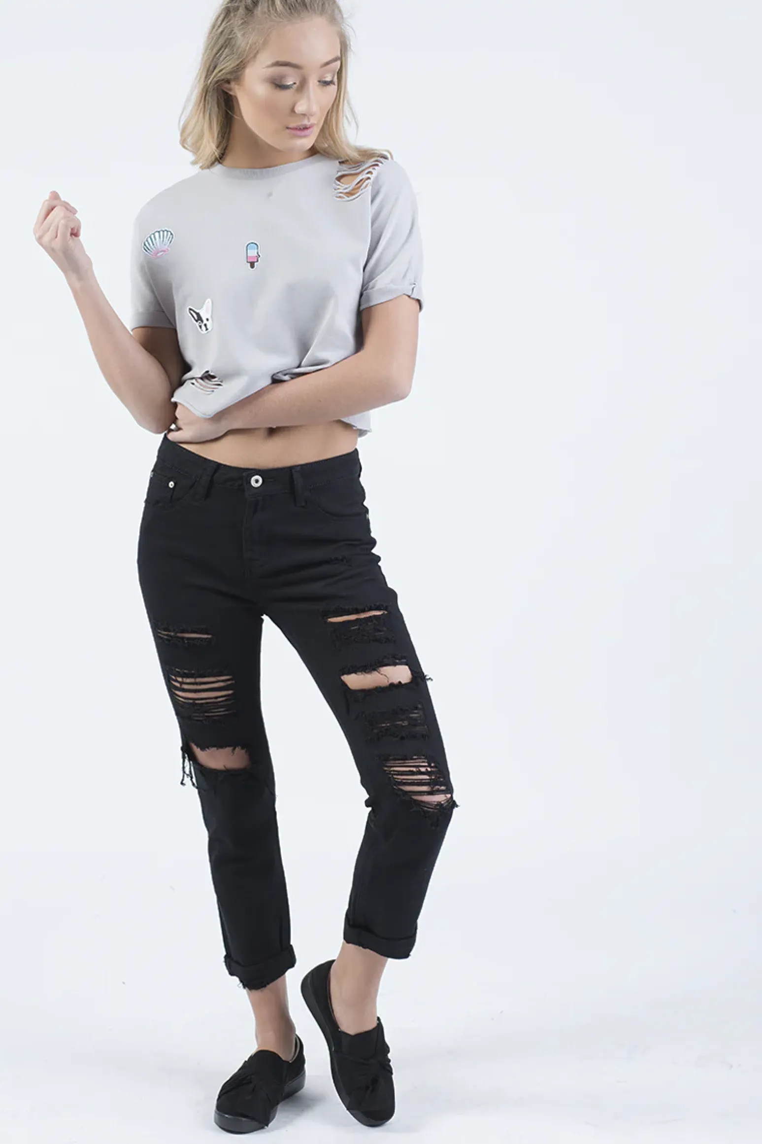Rebellious Fashion Grey Distressed Badge Detail Crop Top - Toni