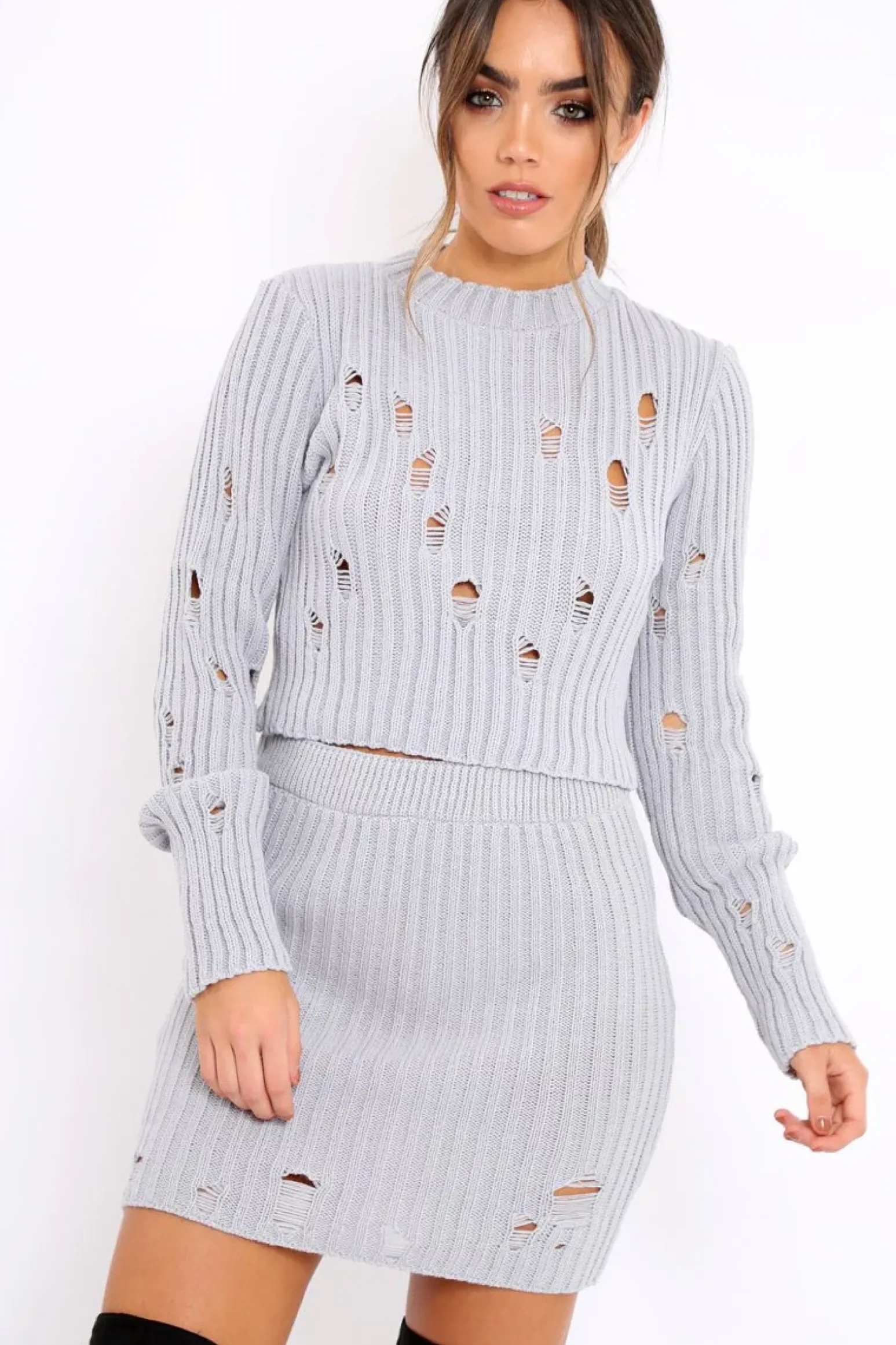Rebellious Fashion Grey Distressed Cable Knit Co-ord - Dayla