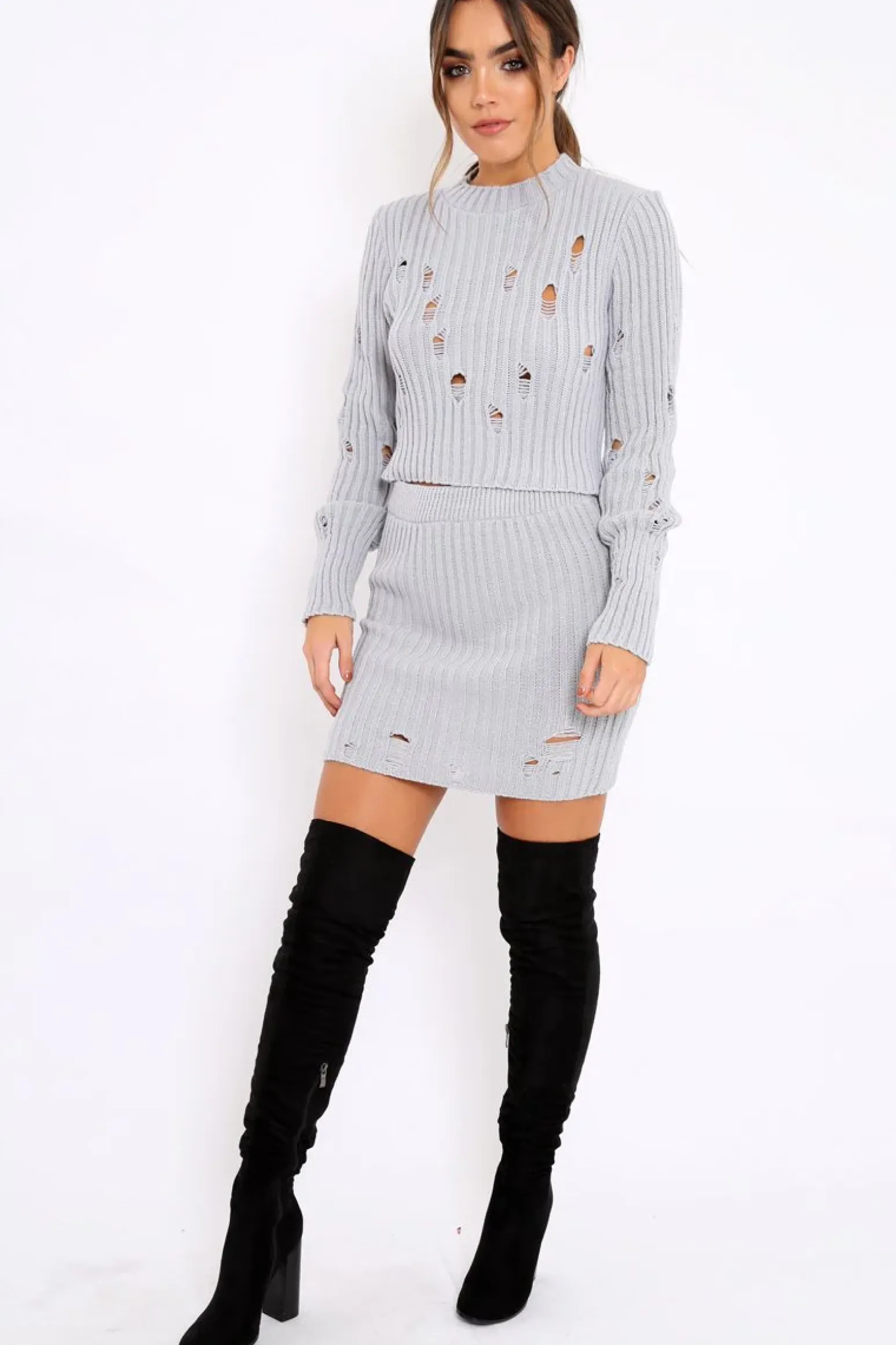 Rebellious Fashion Grey Distressed Cable Knit Co-ord - Dayla