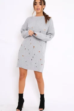 Rebellious Fashion Grey Distressed Cable Knit Jumper Dress - Abea