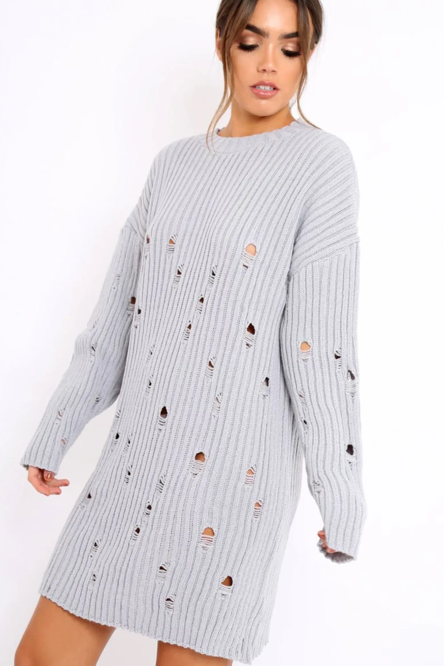 Rebellious Fashion Grey Distressed Cable Knit Jumper Dress - Abea