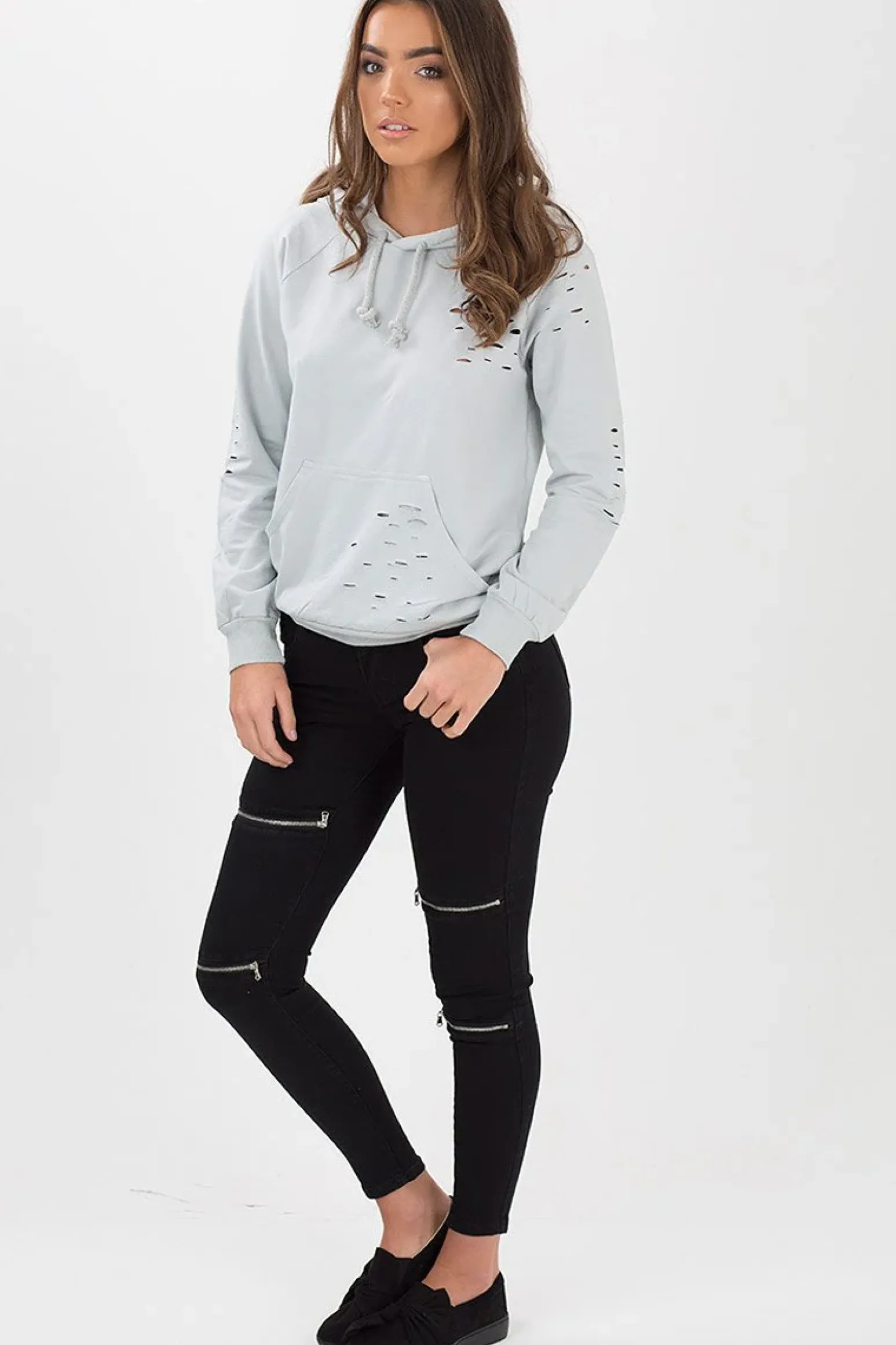 Rebellious Fashion Grey Distressed Hoodie - Kiera