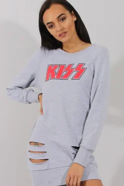 Rebellious Fashion Grey Distressed Kiss Jumper Dress - Ferne