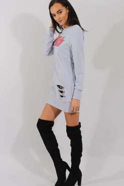 Rebellious Fashion Grey Distressed Kiss Jumper Dress - Ferne