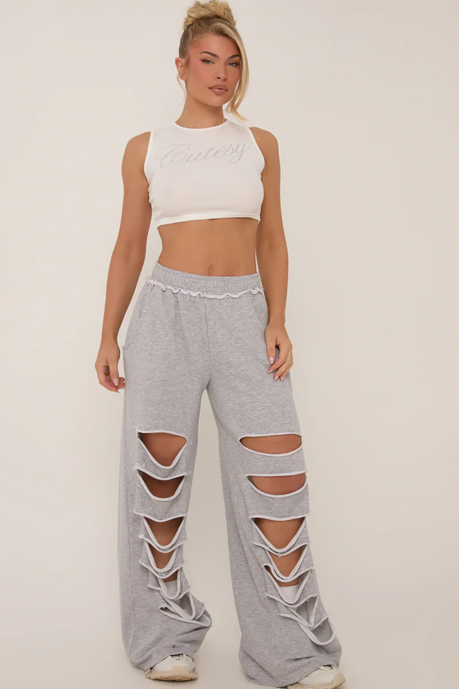 Rebellious Fashion Grey Distressed Ripped Wide Leg Joggers - Emory