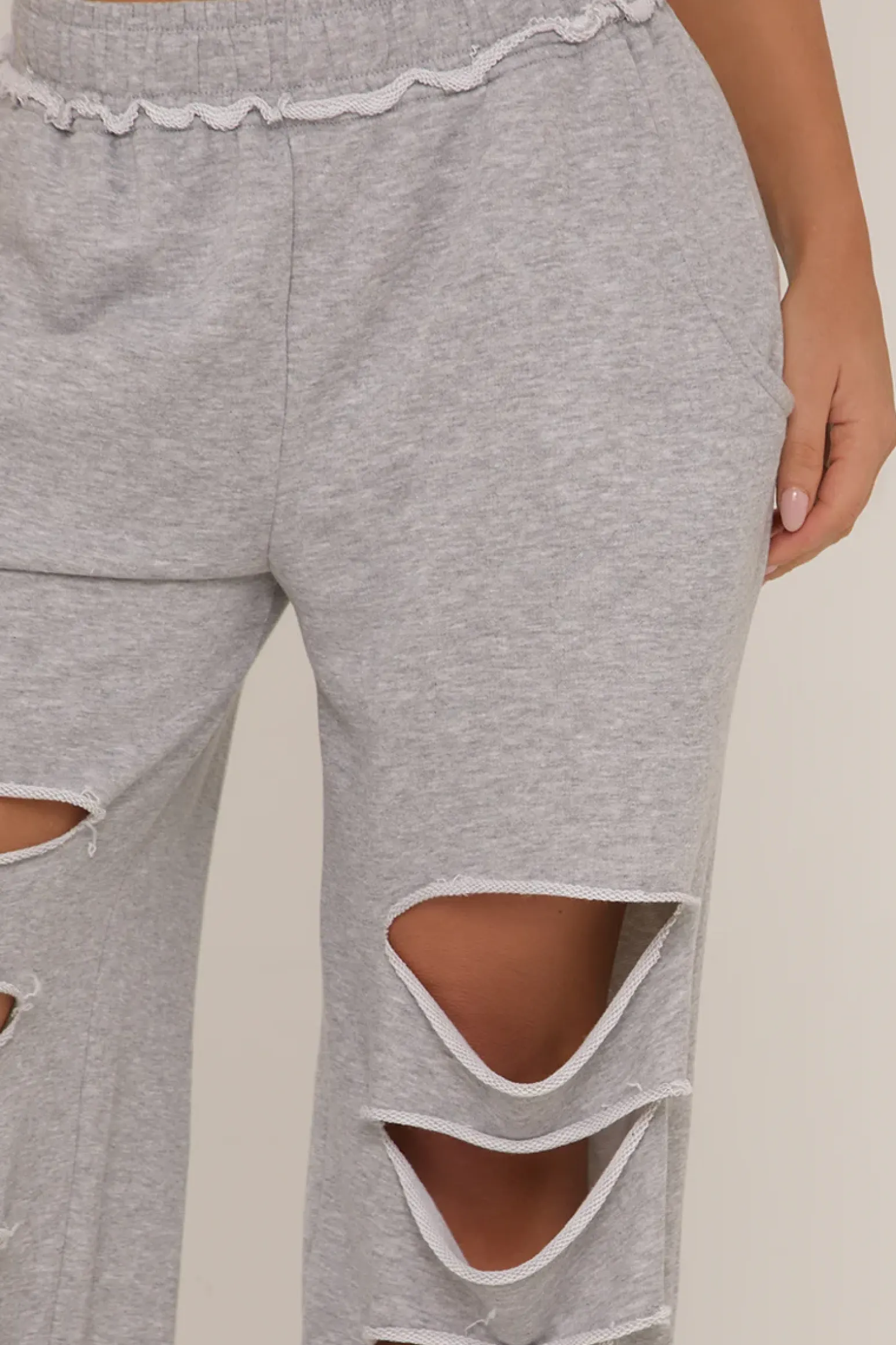 Rebellious Fashion Grey Distressed Ripped Wide Leg Joggers - Emory