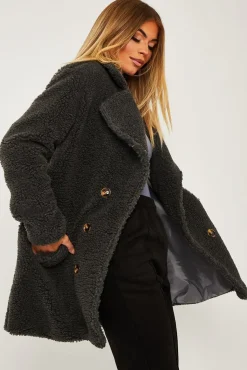 Rebellious Fashion Grey Double Breasted Button Front Teddy Coat - Maizee