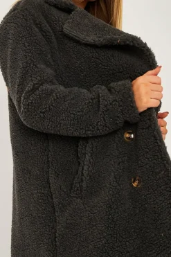 Rebellious Fashion Grey Double Breasted Button Front Teddy Coat - Maizee