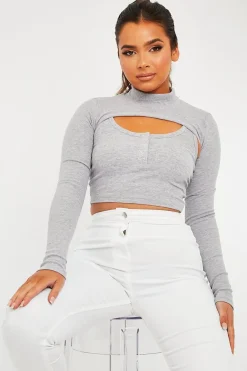 Rebellious Fashion Grey Double Layer High Neck Crop Top - Mahani