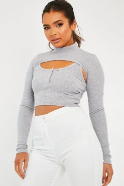 Rebellious Fashion Grey Double Layer High Neck Crop Top - Mahani