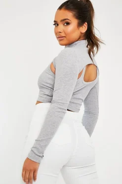 Rebellious Fashion Grey Double Layer High Neck Crop Top - Mahani