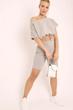 Rebellious Fashion Grey Drawstring Top Cycling Short Loungewear Co-ord - Krissa
