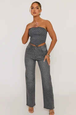 Rebellious Fashion Grey Embellished Denim Jeans - Gabriela