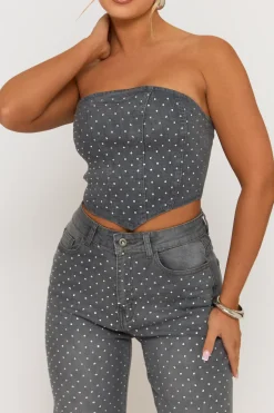 Rebellious Fashion Grey Embellished Denim Jeans - Gabriela