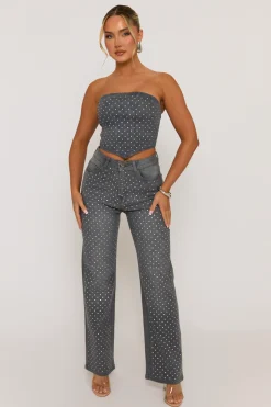 Rebellious Fashion Grey Embellished Denim Jeans - Gabriela