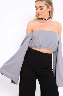 Rebellious Fashion Grey Extreme Flared Sleeved Crop Top - Dalis