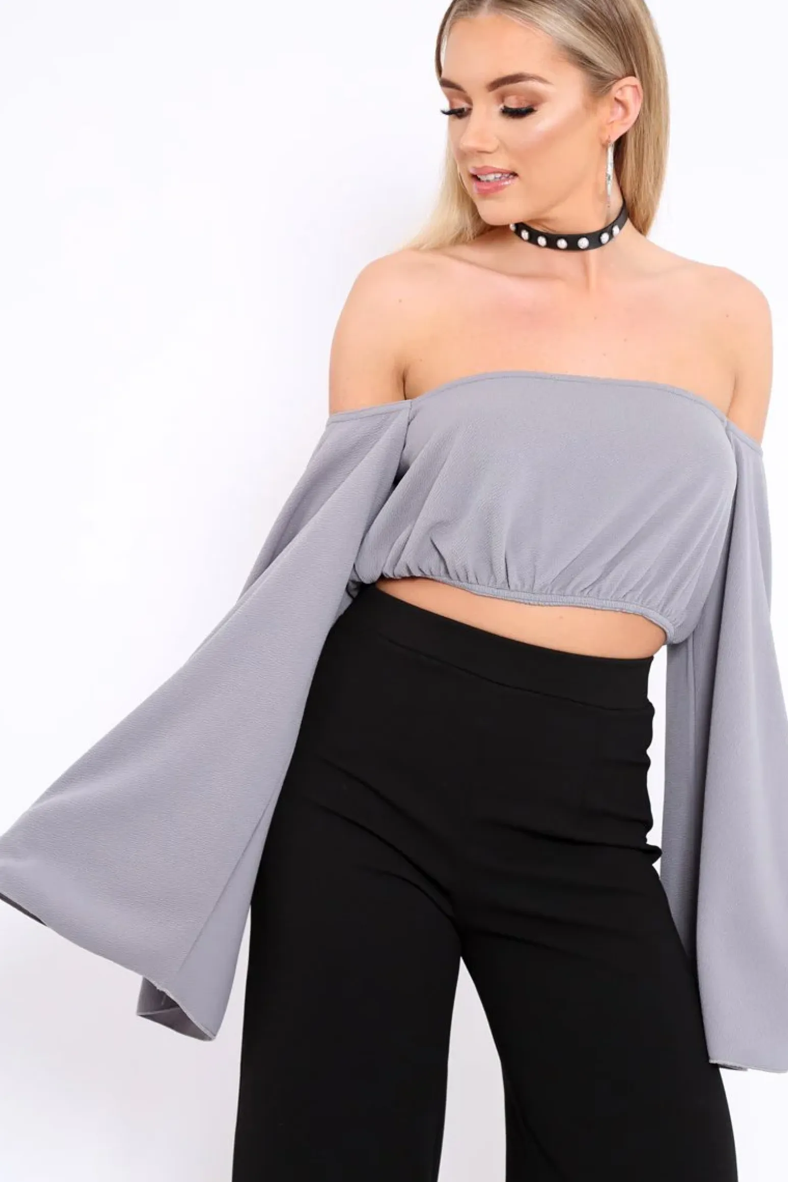 Rebellious Fashion Grey Extreme Flared Sleeved Crop Top - Dalis