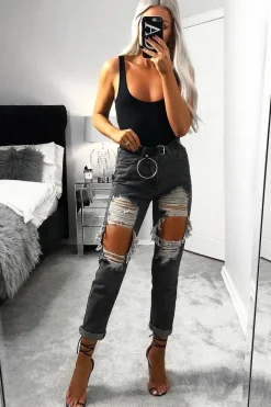 Rebellious Fashion Grey Extreme Rip Mom Jeans - Edelin