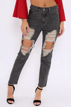 Rebellious Fashion Grey Extreme Rip Mom Jeans - Edelin