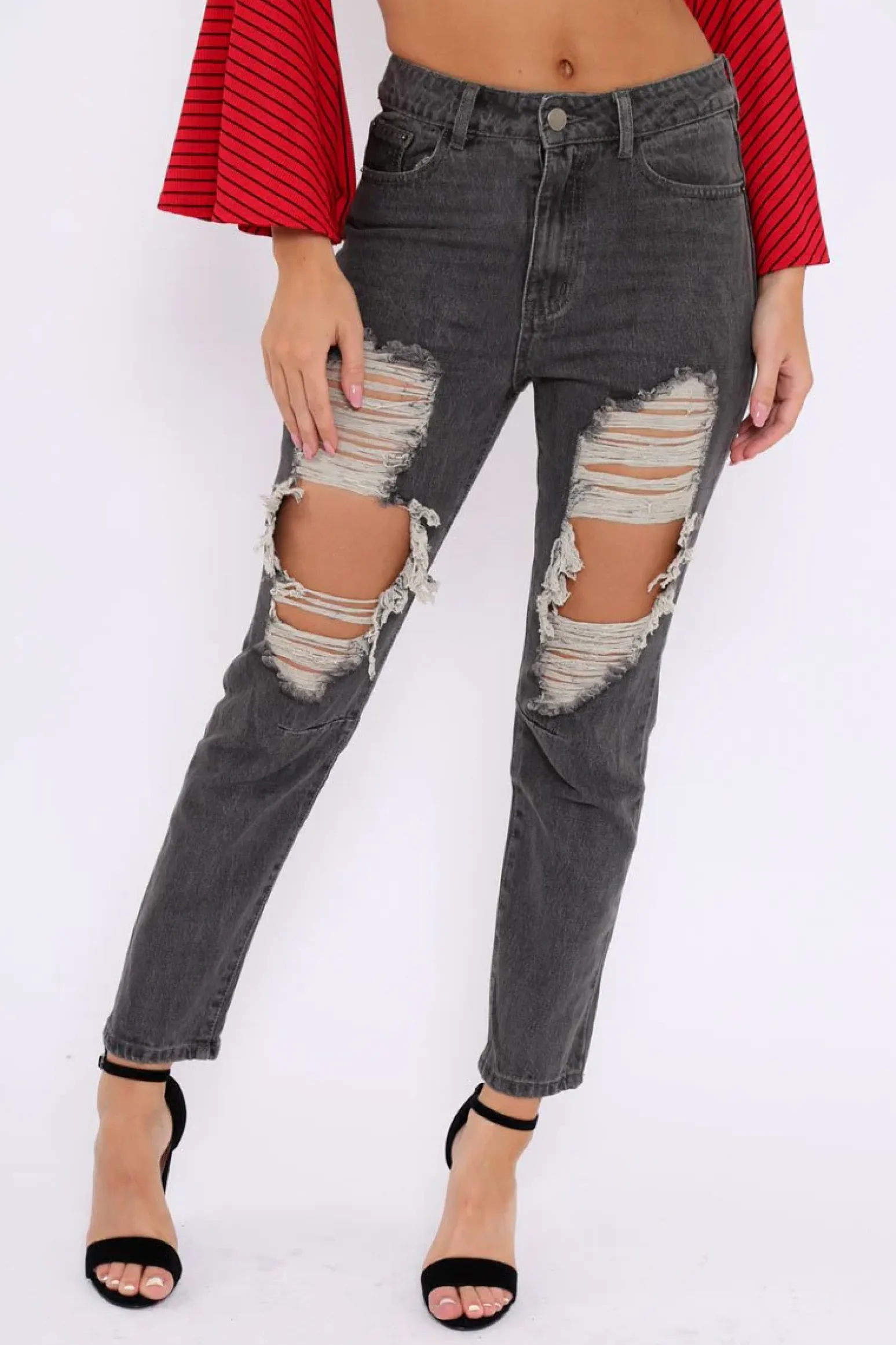 Rebellious Fashion Grey Extreme Rip Mom Jeans - Edelin
