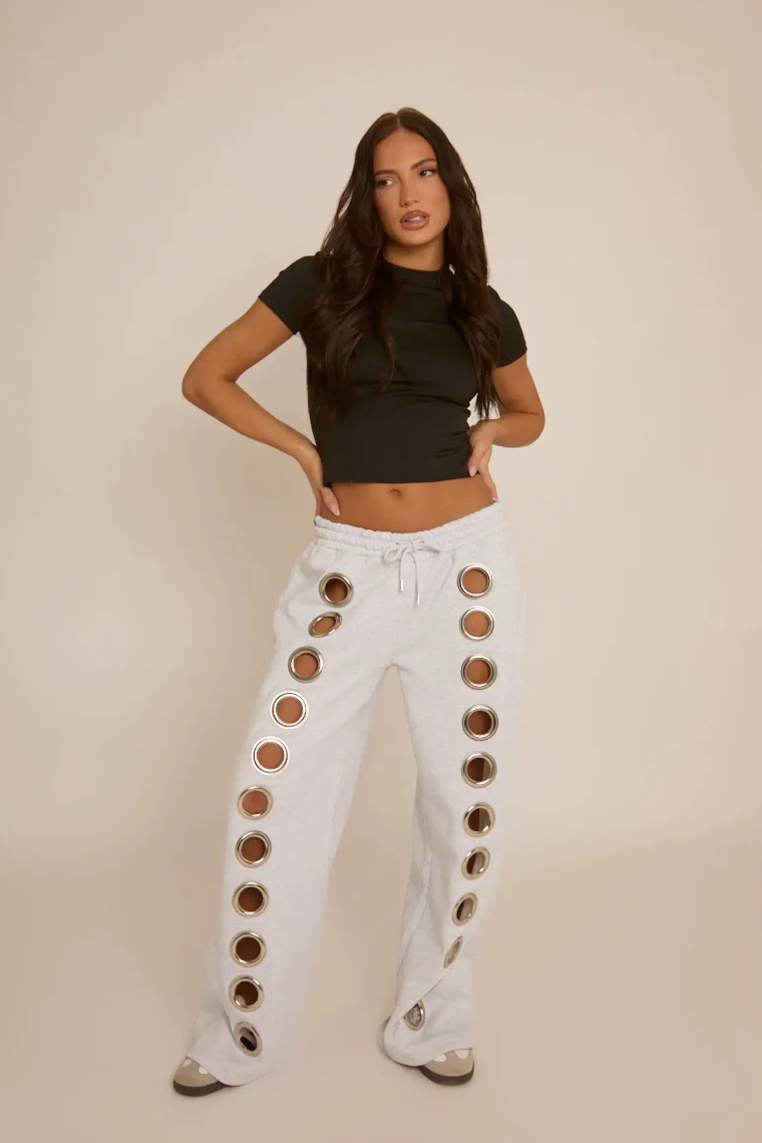 Rebellious Fashion Grey Eyelet Wide Leg Joggers - Serena