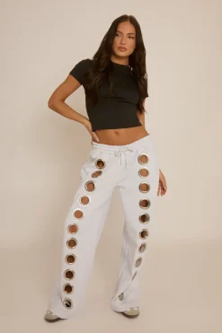Rebellious Fashion Grey Eyelet Wide Leg Joggers - Serena