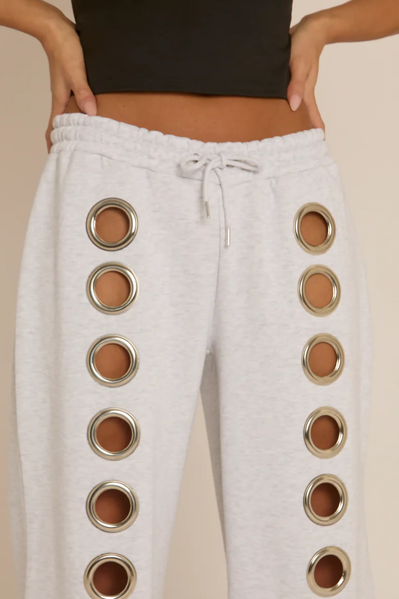 Rebellious Fashion Grey Eyelet Wide Leg Joggers - Serena