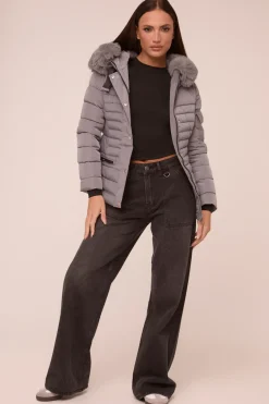 Rebellious Fashion Grey Faux Fur Hooded Puffer Jacket - Glory