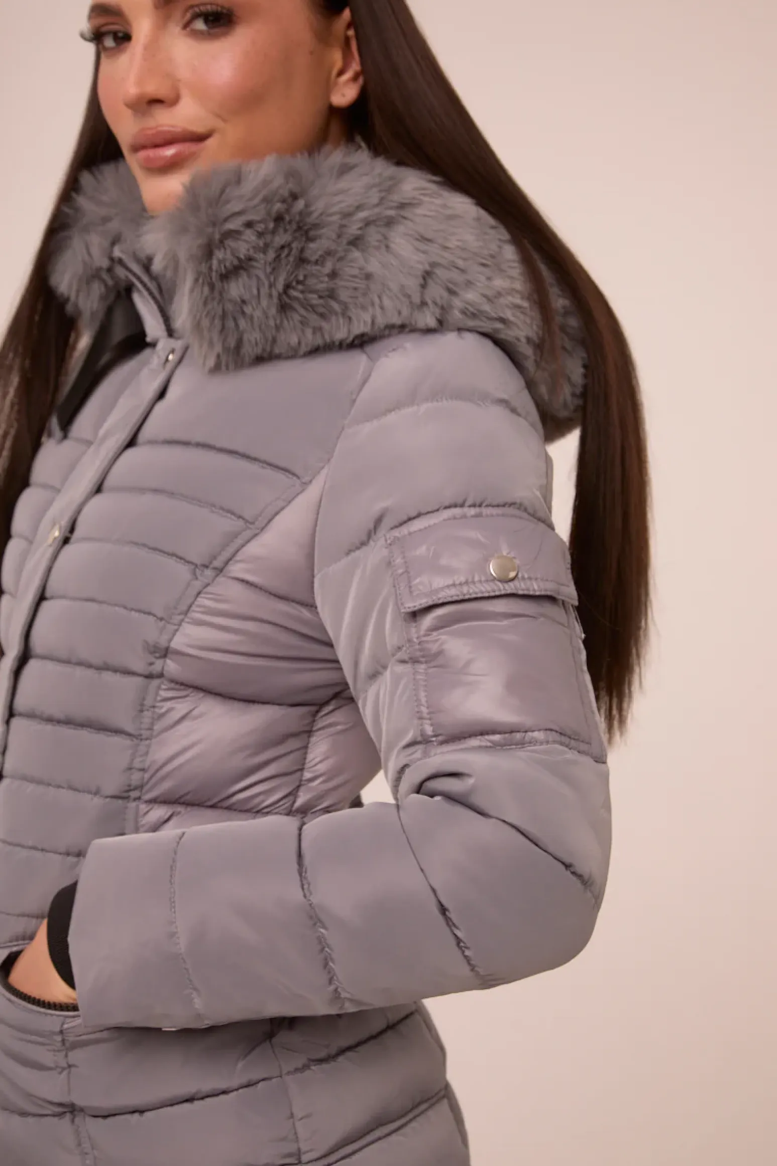 Rebellious Fashion Grey Faux Fur Hooded Puffer Jacket - Glory