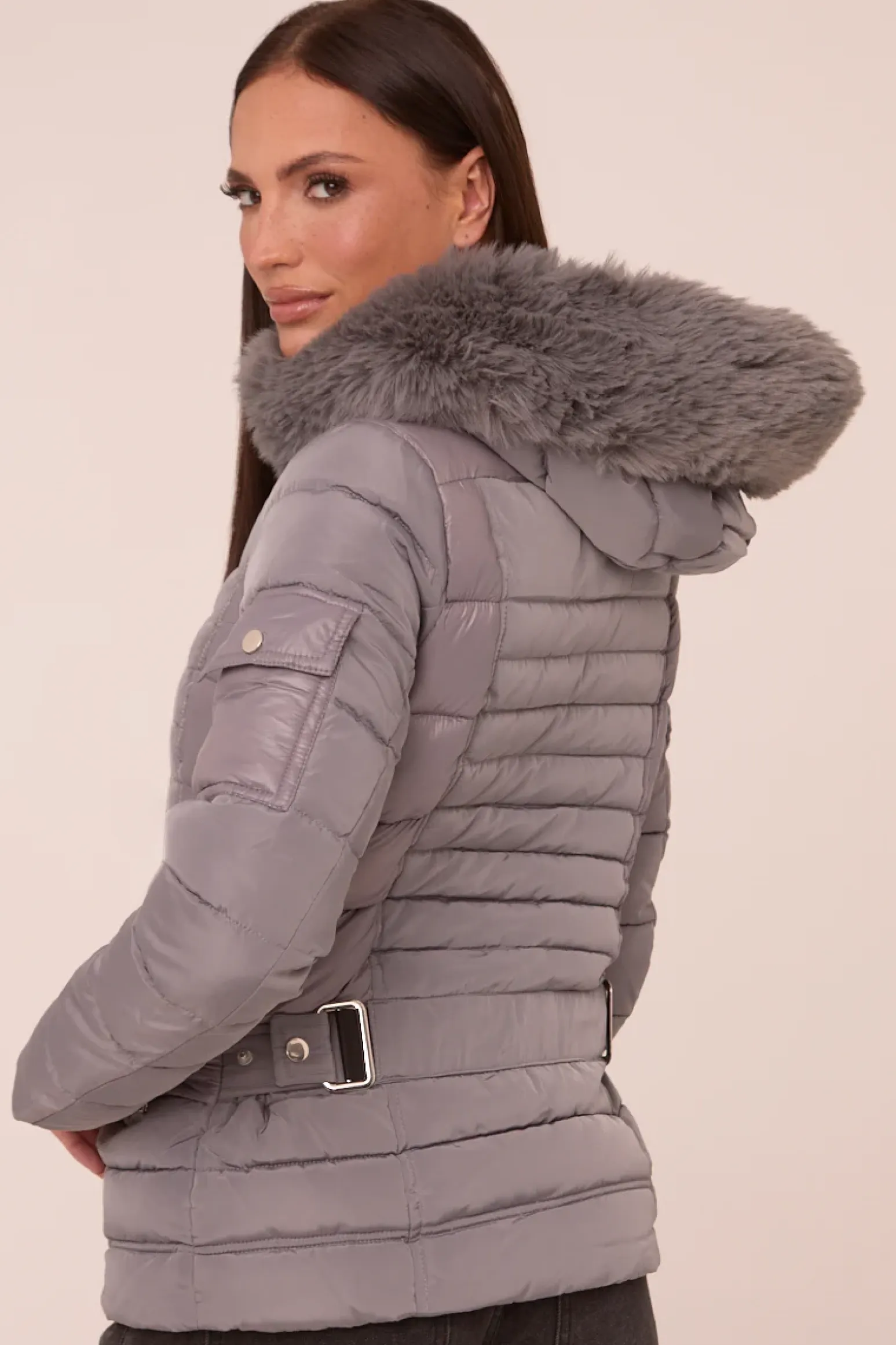 Rebellious Fashion Grey Faux Fur Hooded Puffer Jacket - Glory